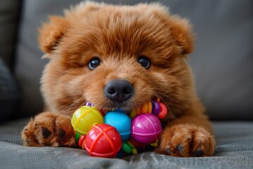 Title: Playful pup holding a vibrant toy in its mouth.