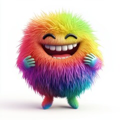 Fototapeta premium Bright rainbow-colored fluffy monster emoji with a cheerful wink and tiny hands, isolated on clear white background