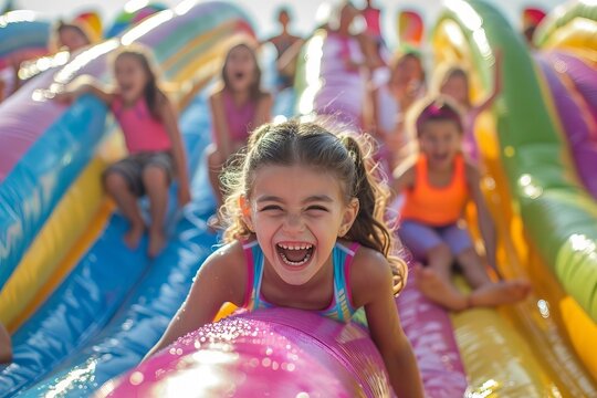 Kids having a blast on a massive inflatable water slide under the sunny skies, spreading joy and summertime vibes.