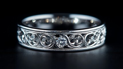 An elegant silver wedding band with intricate detailing and a diamond accent