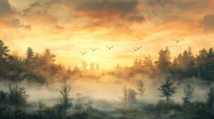 Of a Tranquil forest clearing bathed in golden evening light with birds soaring through the sky