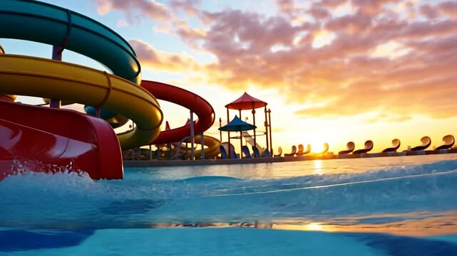Colorful water slides at a vibrant water park during sunset, with splashes in the foreground