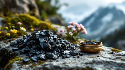 Natural Shilajit Resin on Rocky Mountain Surface with Yellow Flowers – Ayurvedic Mineral Supplement Concept
