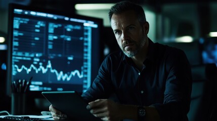 Man Reviews Financial Data On Tablet And Computer