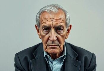 Obraz premium Old male portrait with gloomy expression on cold pastel background