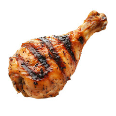 This image features a close-up of a cooked chicken leg with visible grill marks and appetizing appearance.