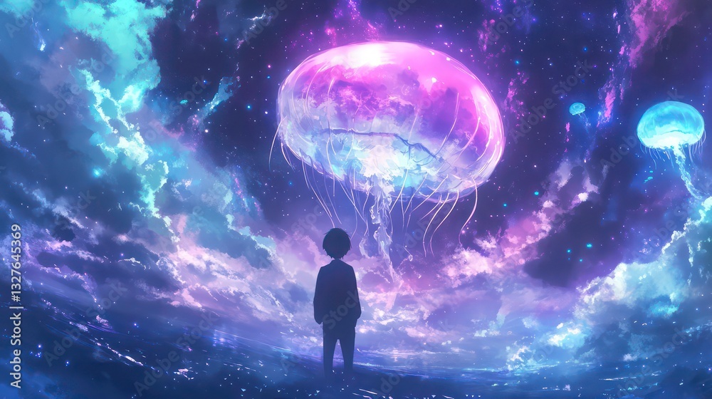 Wall mural a vibrant jellyfish glows in a cosmic background, showcasing a blend of purple and blue colors, crea