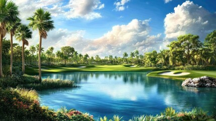 Tropical Golf Course Fairway Water Scene