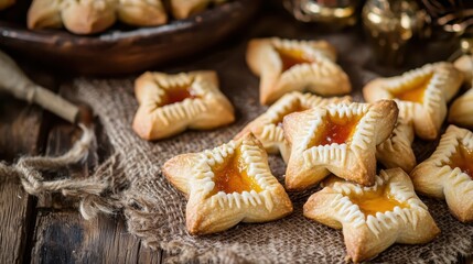 Fototapeta premium Delicious star-shaped pastries filled with fruit preserves arranged on a rustic wooden table during a festive gathering