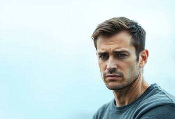 Obraz premium Male portrait with gloomy expression on cold pastel background