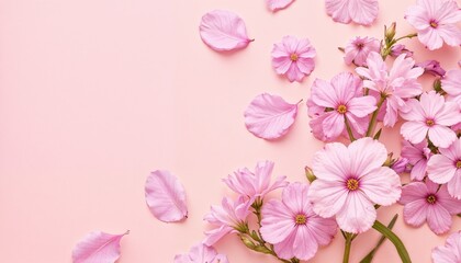Fototapeta premium Pink wildflowers with scattered petals on a pastel pink background. A delicate and romantic floral arrangement evoking softness and tranquility.