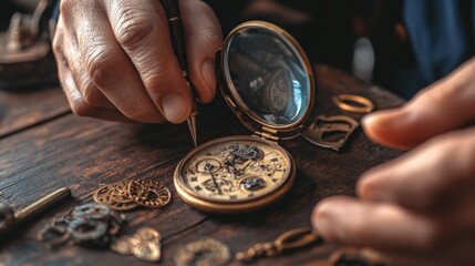 Watchmaker meticulously repairs antique pocket watch with focused precision
