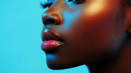 Close-up of a woman’s radiant skin with a pastel blue gradient background