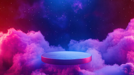 Futuristic podium design with neon clouds and starry sky for presentations
