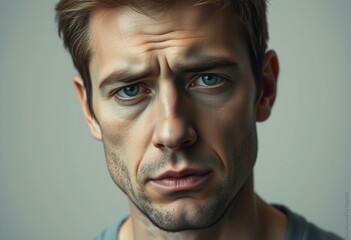 Fototapeta premium Melancholic male portrait on cold pastel background