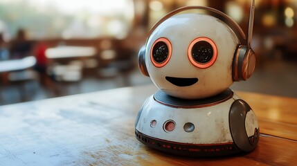 Robot sits listening to music in a cafe, blurred background
