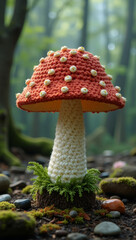 Amigurumi red mushroom figure on a mossy forest floor