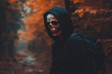 A hooded skeleton wearing a backpack stands in a forest setting
