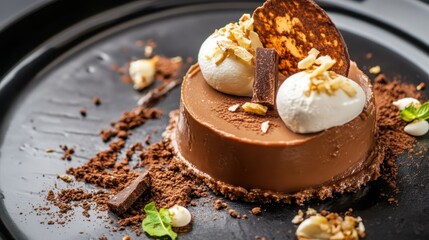 Chocolate dessert with whipped cream, chocolate pieces, and nuts served on a black plate at a modern café