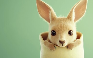 Baby kangaroo peeking out of its motherâ???s pouch, on a pastel green background