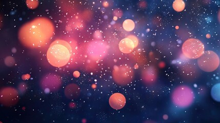 Happy New Year banner with baubles, snow, and blurred circles.