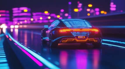 Futuristic Car Driving Through Neon Cityscape At Night