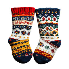 A Pair of Thick Winter Socks with Festive Prints Isolated on Transparent Background