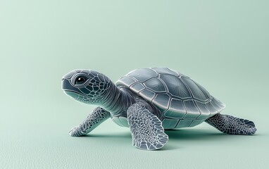 Fototapeta premium Baby turtle crawling on the beach, on a pastel light green background