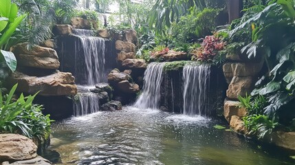Naklejka premium Tranquil Waterfall Scene Amid Lush Tropical Foliage