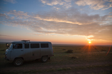 Off-road vehicles in remote region of Mongolia. Orkhon valley world heritage site