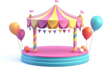 Carnival-themed podium with bright colors and festive decorations, isolated on a pure white background