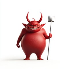 Obraz premium Chubby devil with horns and holding a pitchfork, isolated on a pure white background