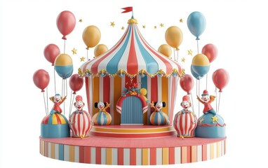 Circus-themed podium with clowns, balloons, and acrobats, isolated on a pure white background