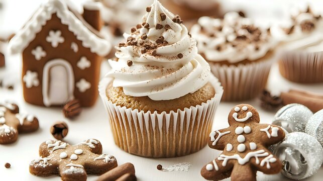 Delicious Gingerbread Cupcakes and Cookies Isolated on White Background