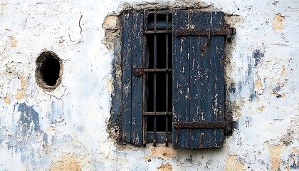 Old window with bars and shutter in a damaged wall