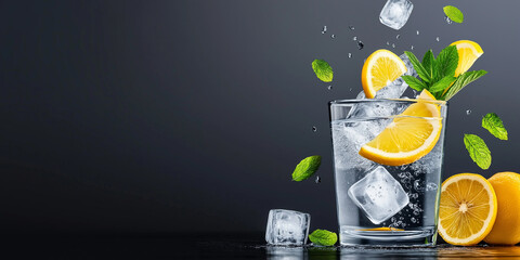Refreshing Fruit Splash With Ice Cubes in a Stylish Glass Against a Dark Background