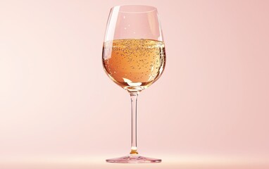 Crystal wine glass filled with sparkling wine, on a pastel light pink background