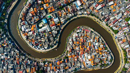 aerial view of people living by the river in Jakarta, Indonesia.
