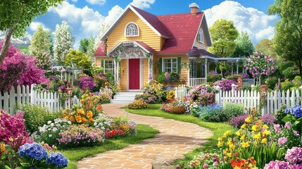 Yellow House Flower Garden Pretty Pathway Spring