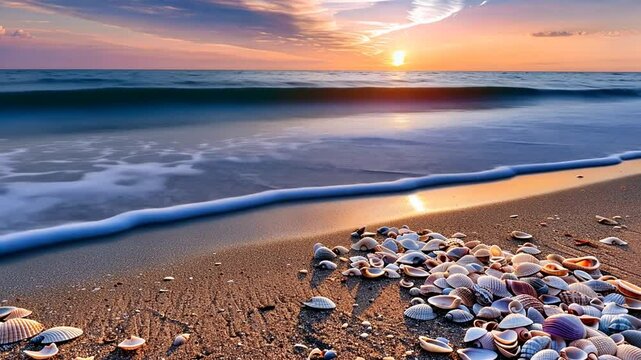 Kiesel und Muscheln am Sandstrand mit Meereswellen