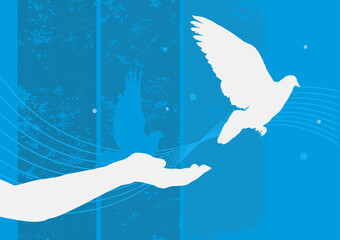 Female hand and flying dove on a blue background. Symbol of peace and freedom - vector illustration
