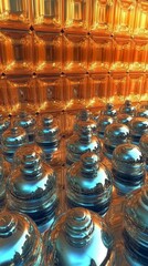 Golden Geometric Forms with Reflective Blue Spheres - A Stunning Digital Art Piece