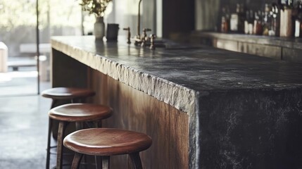 Stone countertop with wooden base and bar stools setting