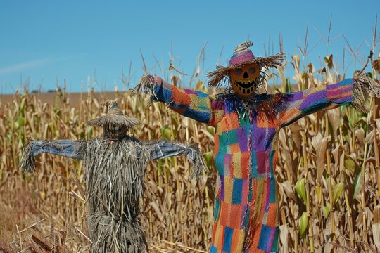 Two scarecrows stand in a cornfield, one with a colorful patchwork shirt and one made of straw, Scarecrows standing guard in a cornfield - Powered by Adobe