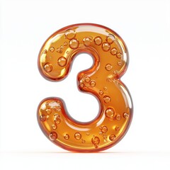 Number 3 with a glossy jelly texture and bubbles forming around it, isolated on a pure white background