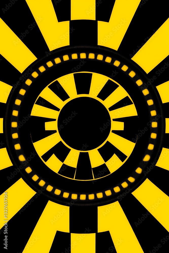 Aufkleber Abstract concentric circle pattern with radial elements in black and yellow