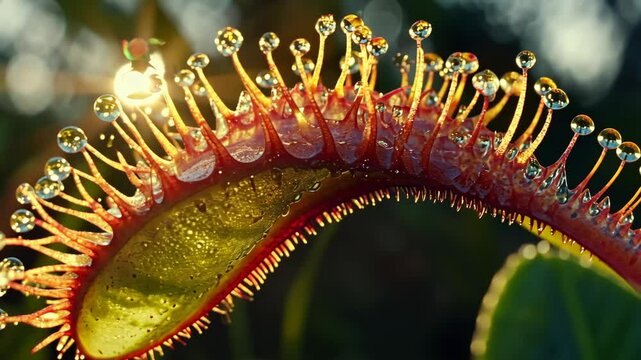 Captivating close-up of a sundew plant glistening with morning dew under soft sunlight in a lush natural setting