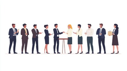 Linear vector illustration set of negotiating business people. Diverse men and women at business meetings, conclude an agreement, agree on cooperation, negotiate, shake hands, sell goods and services