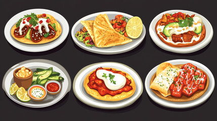 Mexican traditional food meal plates isolated lunch sauce mexico cuisine vector illustration
