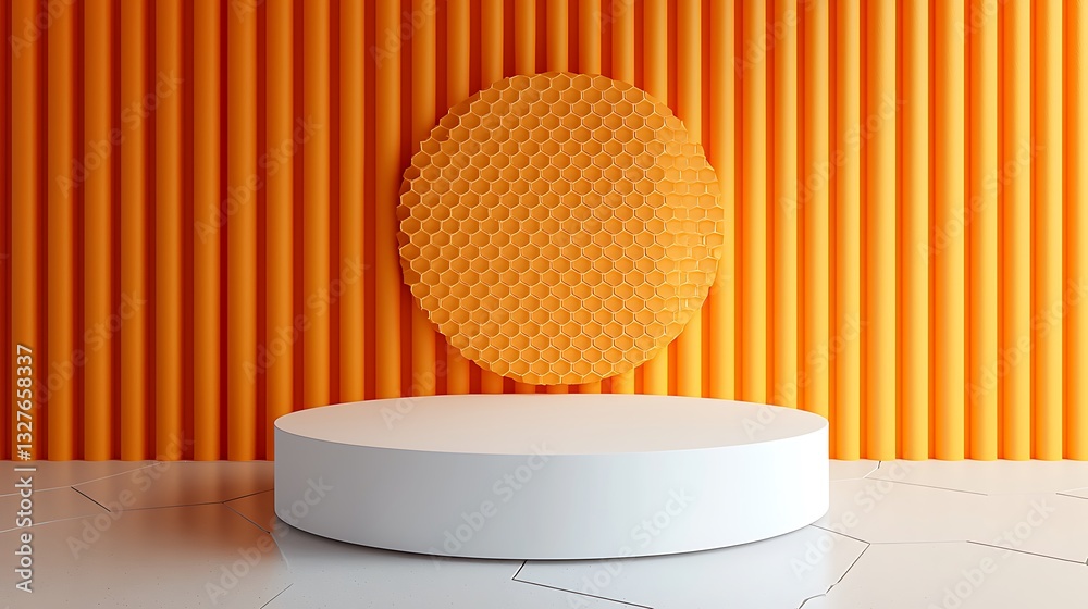 Poster White Product Display Platform with Orange Honeycomb Background